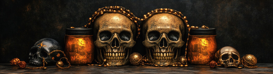 Naklejka premium Golden Skulls and Dark Metallic Ornaments in Gothic Still Life
