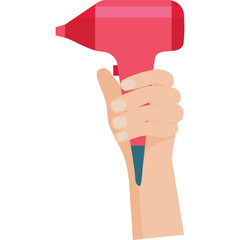 Hand Holding A Red Hair Dryer With A Teal Accent On A White Background