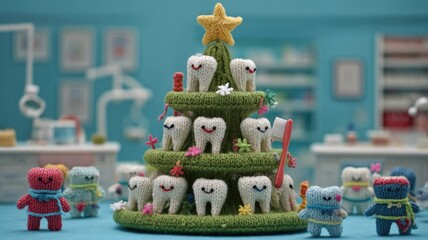 Knitted dental-themed christmas tree with cute tooth characters
