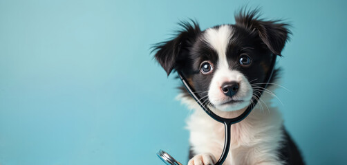 Cute puppy with stethoscope plays doctor. Adorable black, white dog poses as veterinarian on blue background. Little canine represents pet healthcare, clinic checkup, animal insurance concepts for