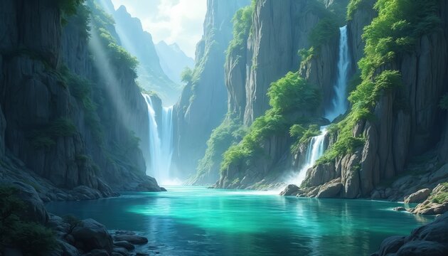 Majestic waterfalls cascade down rocky cliffs into turquoise lake. Sun rays shine. Green trees grow along cliffs. Landscape creates serene, idyllic atmosphere. Nature scene ideal backdrop. Peaceful