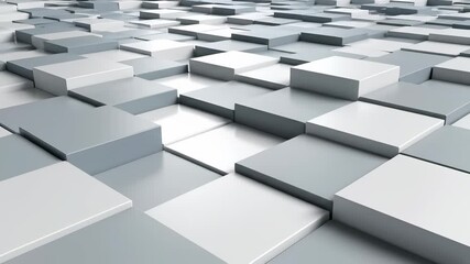 High quality, close up footage of numerous white boxes stacked in a room with a bright and neutral grey background, visually conveying organizational simplicity and structure.