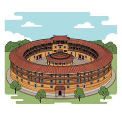 Charming Tulou Illustration: A Unique Circular Earthen Building Design