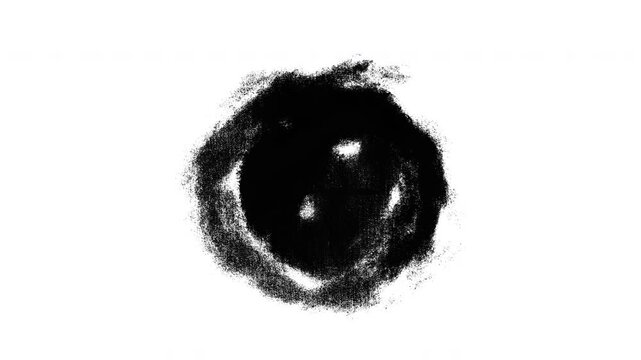 Grunge black circle with rough, distressed texture on a transparent alpha background. Hand-drawn ink splash round shape for overlays, frames, transitions, motion graphics and design elements.