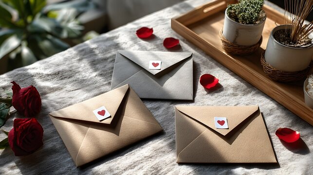 Set of craft envelopes decorated with heart stickers arranged on a wooden tray, creating a warm, romantic flat-lay scene
