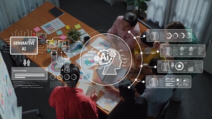 A diverse team collaborates in a modern office setting, focusing on generative AI. Visual data, charts, and brainstorming materials enhance creativity and innovation. Raster