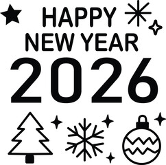 Happy new year 2026 festive design with stars, christmas tree, snowflake, and ornament, isolated on