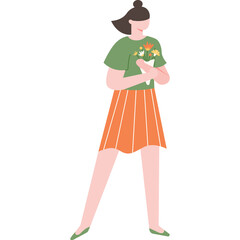 Illustration Of A Woman Wearing A Green T Shirt And Orange Skirt Holding A Bunch Of Flowers Isolated On A White Background
