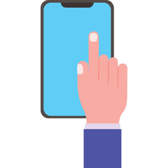 Hand Touching A Blue Screen On A Smartphone With A Transparent Background And White Backdrop With A Man Wearing A Blue Suit And White Shirt