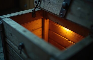 Opened wooden box with warm light inside. Vintage storage container with lid ajar. Old chest revealing illuminating glow. Antique wooden texture and hardware.