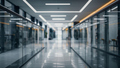 Long, symmetrical blurred modern office or commercial corridor with glass railings, bright ceiling lights, and receding perspective.