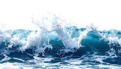 A vibrant image of a crashing turquoise ocean wave with white foamy crest against white background