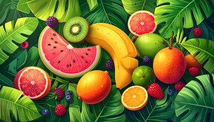 A vibrant, lush arrangement of tropical fruits and leaves, a feast for the eyes