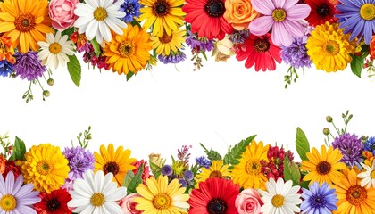 A vibrant floral border showcasing various colorful blossoms against a clean white backdrop
