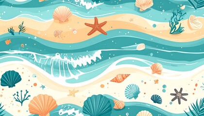 A vibrant illustration depicts a beach scene with ocean waves, shells, and marine life scattered