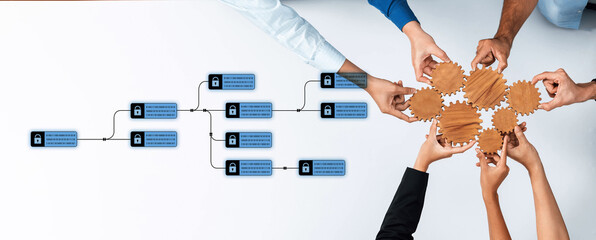 Hands of diverse people engage in a cooperative effort on a digital project, showcasing data security, integration concepts, and innovative teamwork with gear icons. Trope