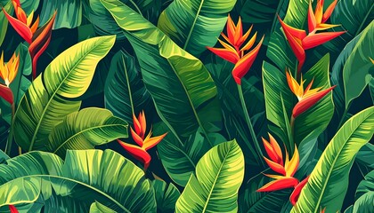 A vibrant illustration features lush green tropical foliage with bright red and orange flowers