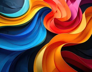 Swirling, vibrant paper ribbons on dark backdrop
