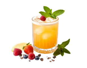 A refreshing glass of fruit juice garnished with fresh berries and mint leaves, surrounded by additional fruit and herbs