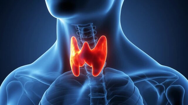 Anatomical illustration of the thyroid gland in the human neck, highlighted in red.