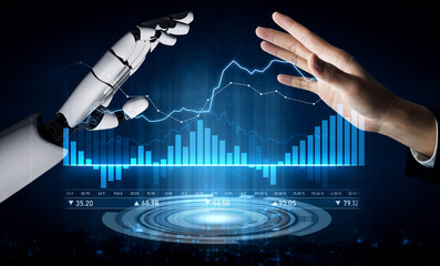 A striking visual representation of a robot hand extending towards a human hand, set against a backdrop of data visuals indicating financial trends and growth. Scalp