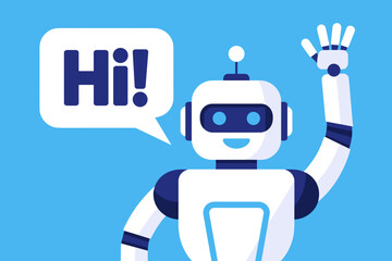 Friendly Robot Waving Hello Against a Bright Blue Sky with Soft White Clouds