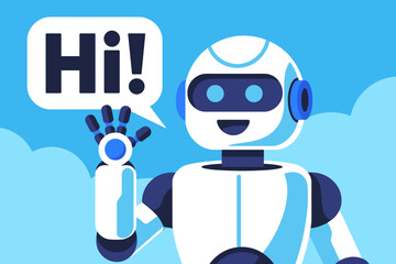 Friendly Robot Waving Hello Against a Bright Blue Sky with Soft White Clouds © VGX Ultra