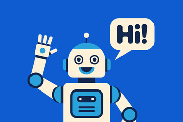 Friendly Robot Waving Hello with a Cheerful Expression Against a Bright Blue Background