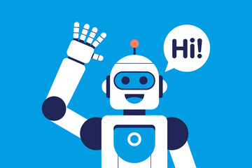 Friendly Robot Waving Hello with a Cheerful Expression Against a Bright Blue Background