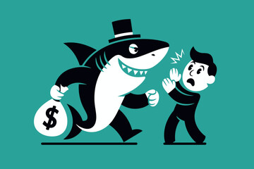 Cartoon Depiction of a Fearful Businessman Facing a Relentless Loan Shark in a Bold, Eye-Catching Illustration