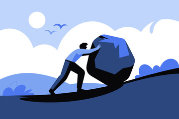 Determined Man Struggling to Push a Heavy Boulder Uphill Against a Tranquil Sky