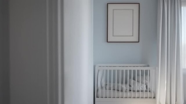 A bright and airy nursery showcases a white crib, a blank framed picture on the wall, and large white curtains framing a window, creating a peaceful and inviting atmosphere.