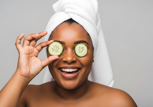 Woman with cucumber slices on eyes wearing a towel