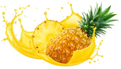 A vibrant pineapple with a slice, bursting from a splash of golden juice, white background