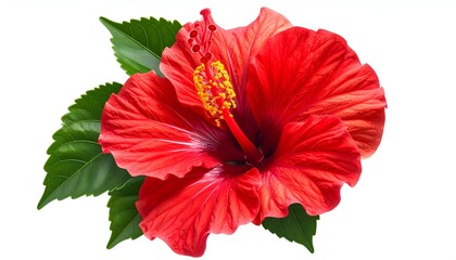 A vibrant red flower with prominent stamen and green leaves against a stark white backdrop
