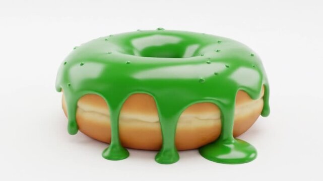 Animated 3D render of delicious green iced donuts dripping on a white background, perfect for