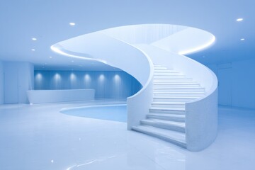 Obraz premium Modern spiral staircase in a light blue interior.