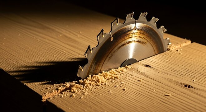 Cutting Wood with Circular Saw Blade in Workshop Environment