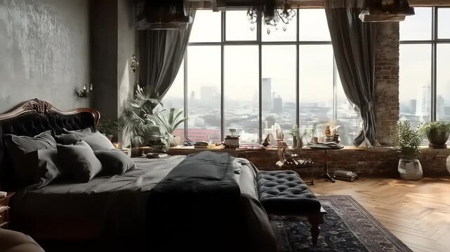 Luxurious bedroom interior features a large bed with dark bedding and ornate wooden accents, a plush bench, and a patterned rug, complemented by large windows framing a cityscape view and elegant...