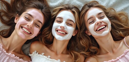 Three happy young women with face masks laugh lying on pillows. Friends enjoy skincare and beauty treatments together at home, sharing fun and relaxation.