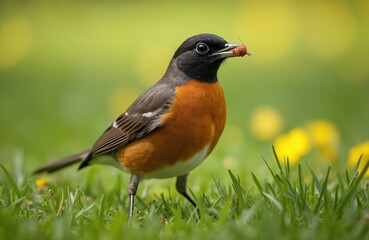 Fototapeta premium Bird eats a worm in grass. Towhee bird with orange belly has insect in its beak in summer. Green grass and yellow flowers at background at nature.