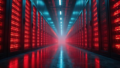 Rows of servers glow red in a dark data center. Lights pulse on racks in a long, empty hallway. The glowing digital room reflects on the polished floor.