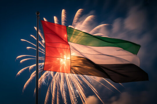 Celebrate UAE National Day with a vibrant flag waving against a backdrop of stunning fireworks at night, a patriotic display