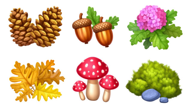 Semirealistic 3D Botanical Elements Featuring Leaves, Acorns, and Mushrooms