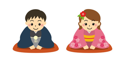 新年の挨拶をする和装の子どもたちのかわいいベクターイラスト © Studio Trinity