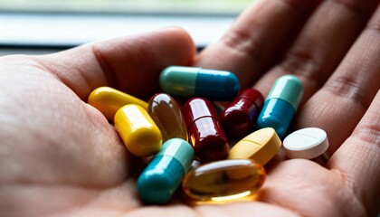 Close-up macro shot of a hand holding a variety of colorful capsules, gel pills and tablets near a window, representing medication, supplements, vitamins and pharmaceutical health care concepts.