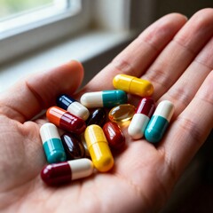 Macro close-up of a hand holding assorted colorful capsules, softgel supplements and tablets near a window, symbolizing medication, vitamins, pharmaceutical treatment and personal health care.