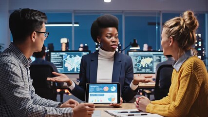 Three individuals collaborating on digital workspaces, showcasing modern teamwork and innovation with diverse perspectives, laptop computers, and tablet devices in a soft lit setting. - Powered by Adobe