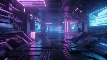 Vibrant 3D rendered futuristic sci-fi corridor, illuminated by blue and purple neon lights, featuring glowing geometric patterns and advanced digital displays in a high-tech environment - Powered by Adobe