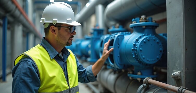 Engineer wearing hard hat and safety vest inspects large industrial cooling system pumps. Man checks pipes and machinery in a factory setting. He controls building climate. - Powered by Adobe